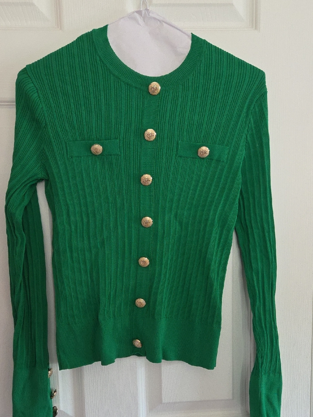 Melanie Lyne Small Green Ribbed Knit Button-Front Women's Sweater